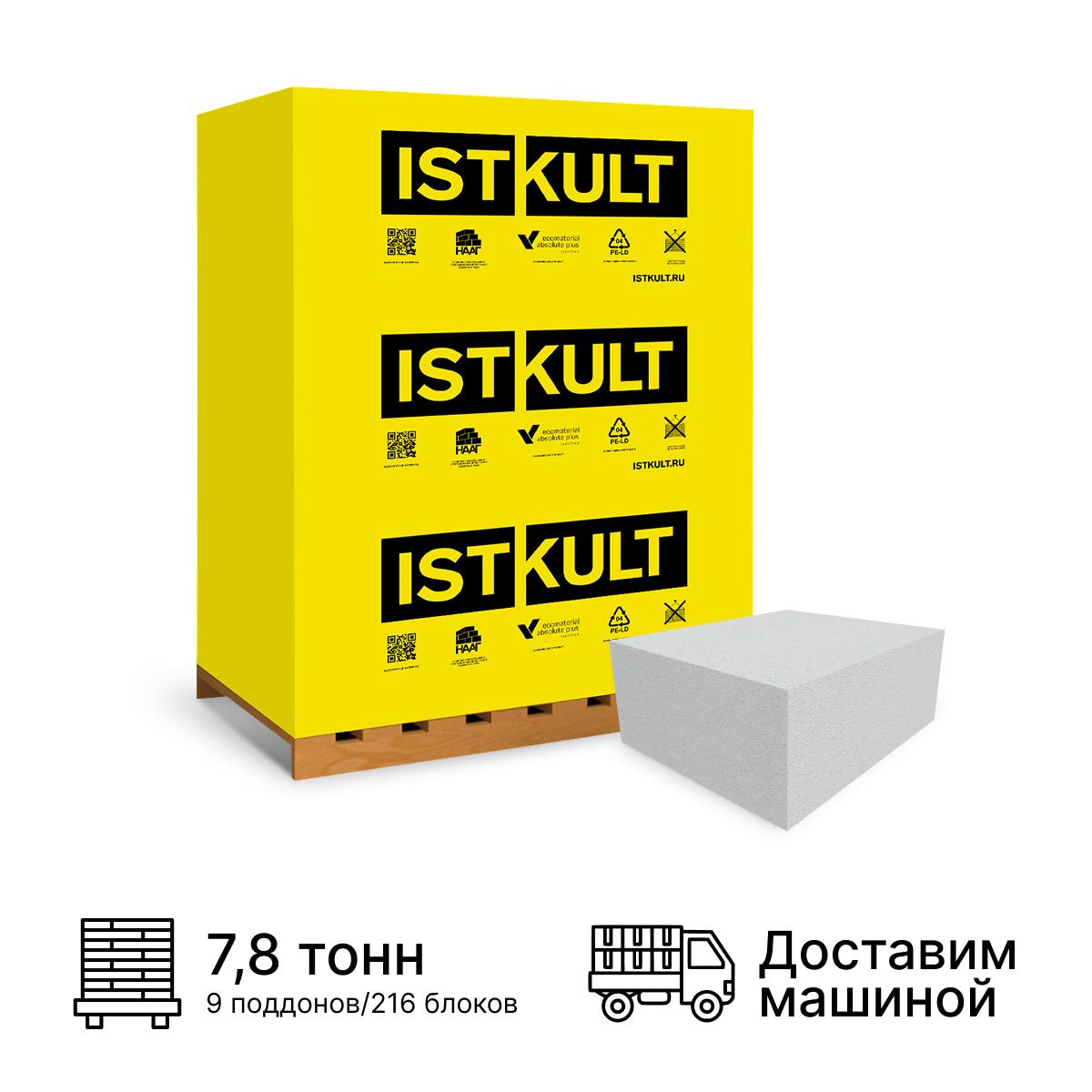 Изображение товара Блок газобетонный Istkult 625x250x400мм D400 комплект 216шт доставка машиной