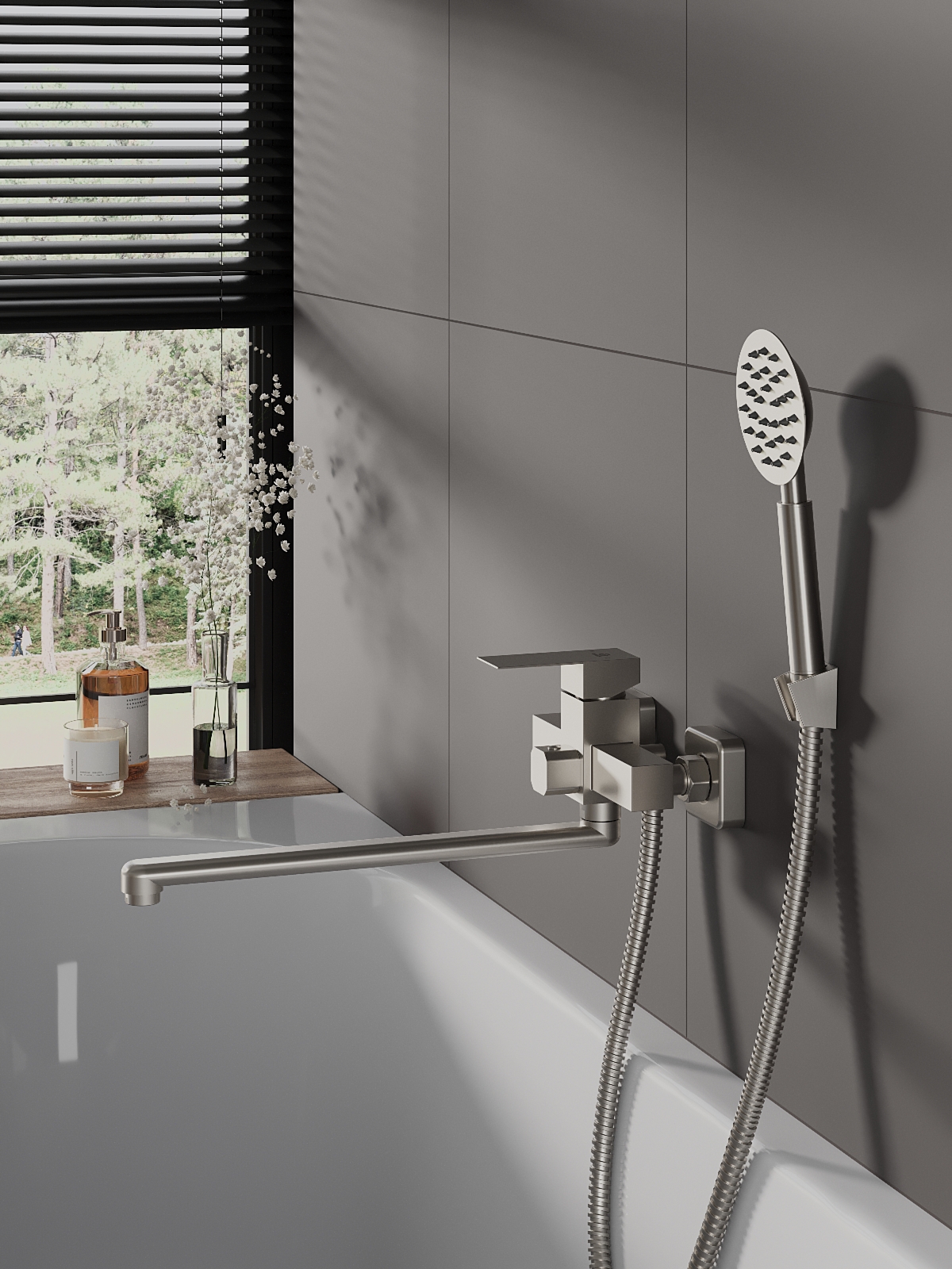 Изображение товара Смеситель для ванны Agger Zest A0722233 никель с поворотным изливом и душевым набором