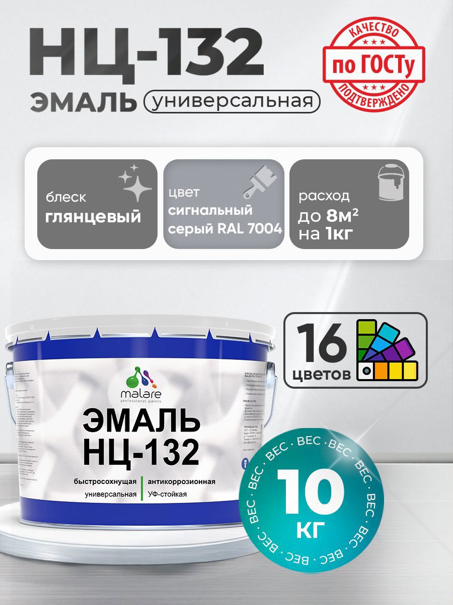 Изображение товара Универсальная быстросохнущая эмаль Malare RAL 7004 сигнальный серый глянцевая 10 кг