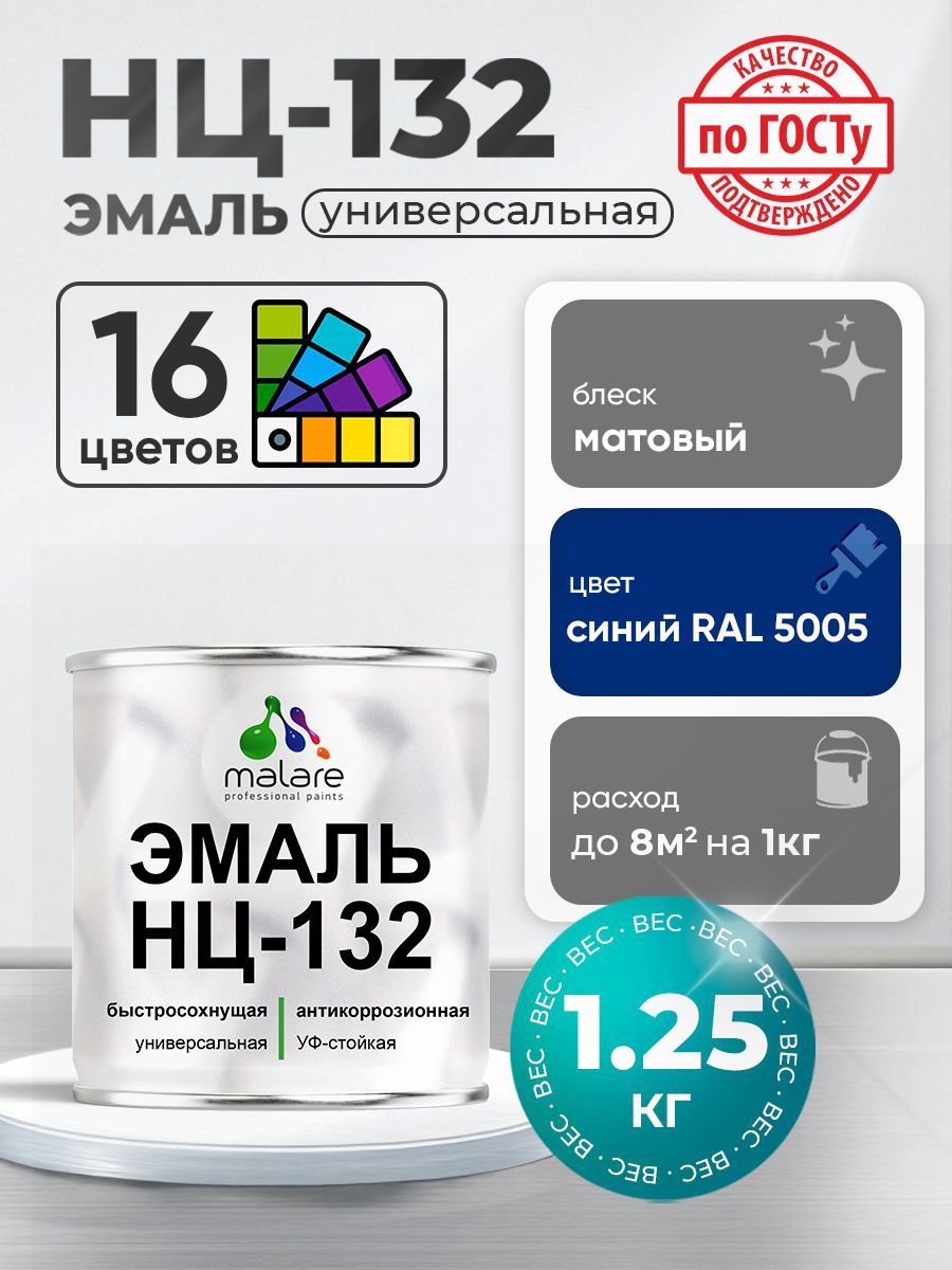 Изображение товара Эмаль универсальная Malare Professional НЦ_042 быстросохнущая синий RAL 5005 1.25л