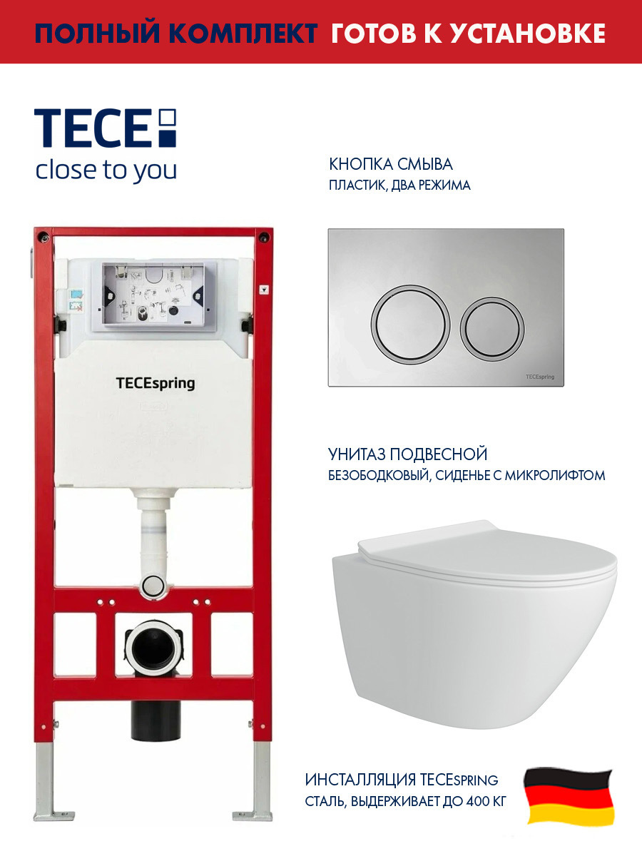 Изображение товара Комплект инсталляции с унитазом TECE spring белый безободковый с антивсплеском
