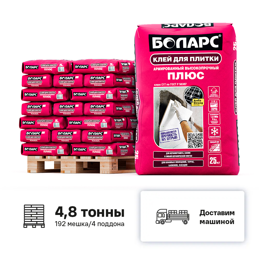 Изображение товара Клей для плитки Боларс Плюс класс C1T цвет серый комплект 25кг x 192шт с доставкой машиной без выгрузки