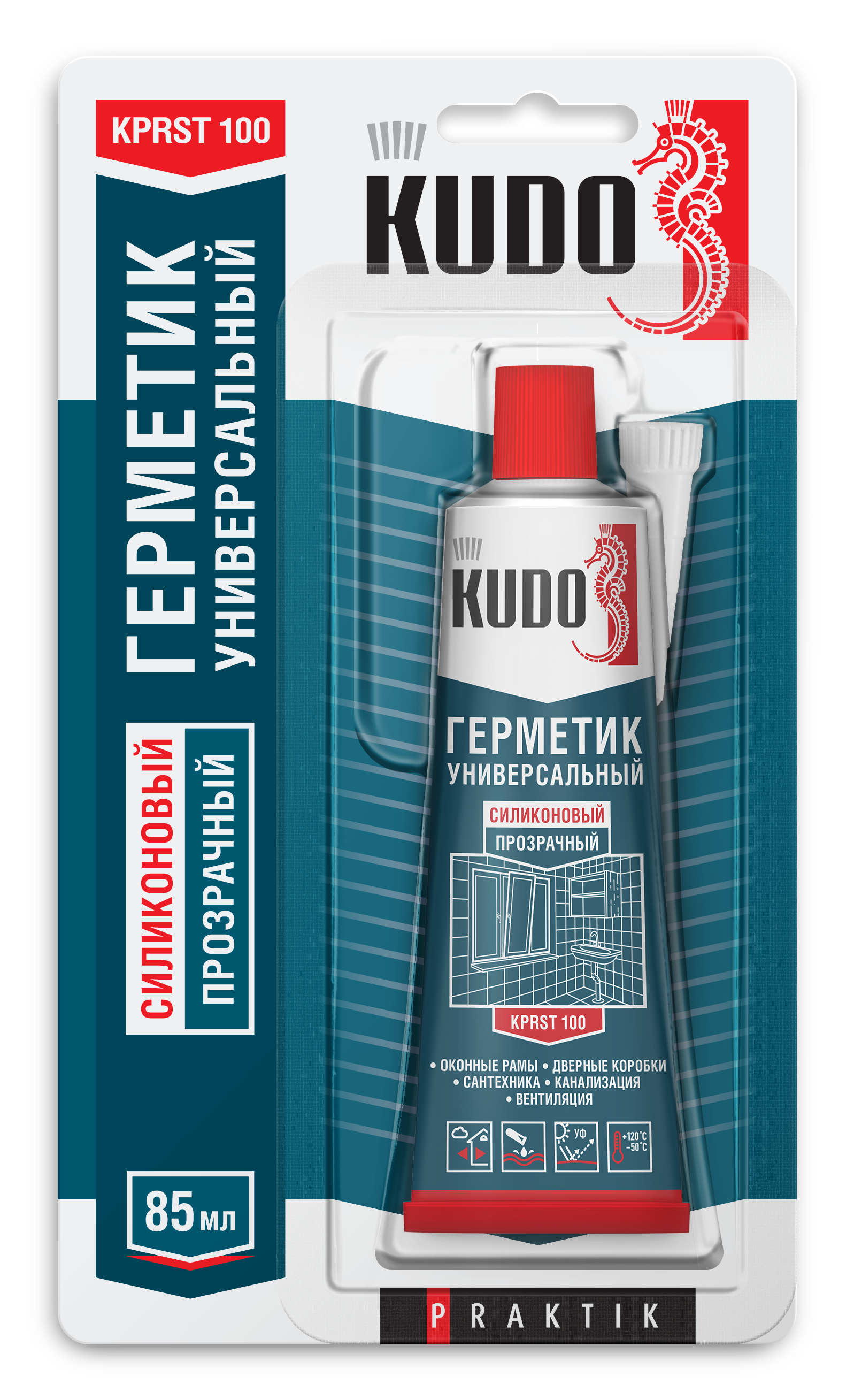 Изображение товара Герметик силиконовый Kudo Praktik универсальный уксусный прозрачный тюбик 85 мл