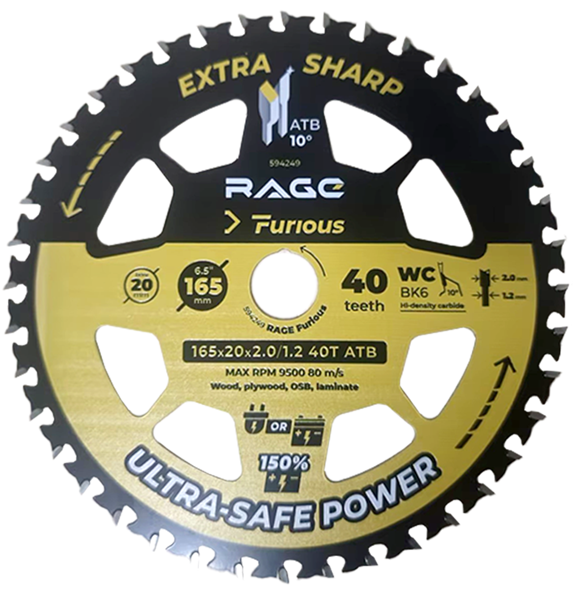 Изображение товара Диск пильный по дереву Rage WF Furious 594249 40T 165 мм