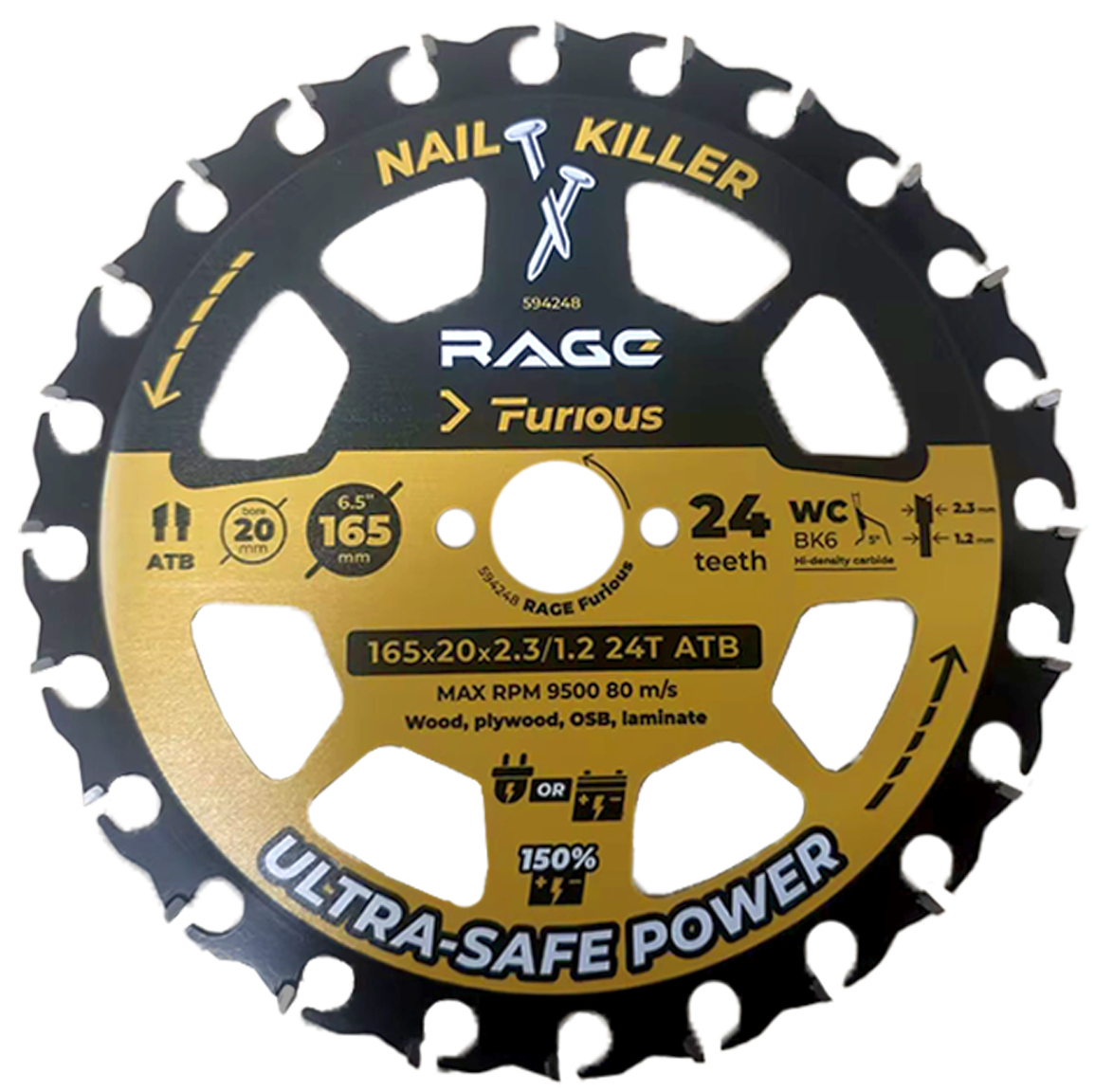 Изображение товара Диск пильный по дереву Rage W&N Furious 594248 24T 165x20/16x1.2 мм