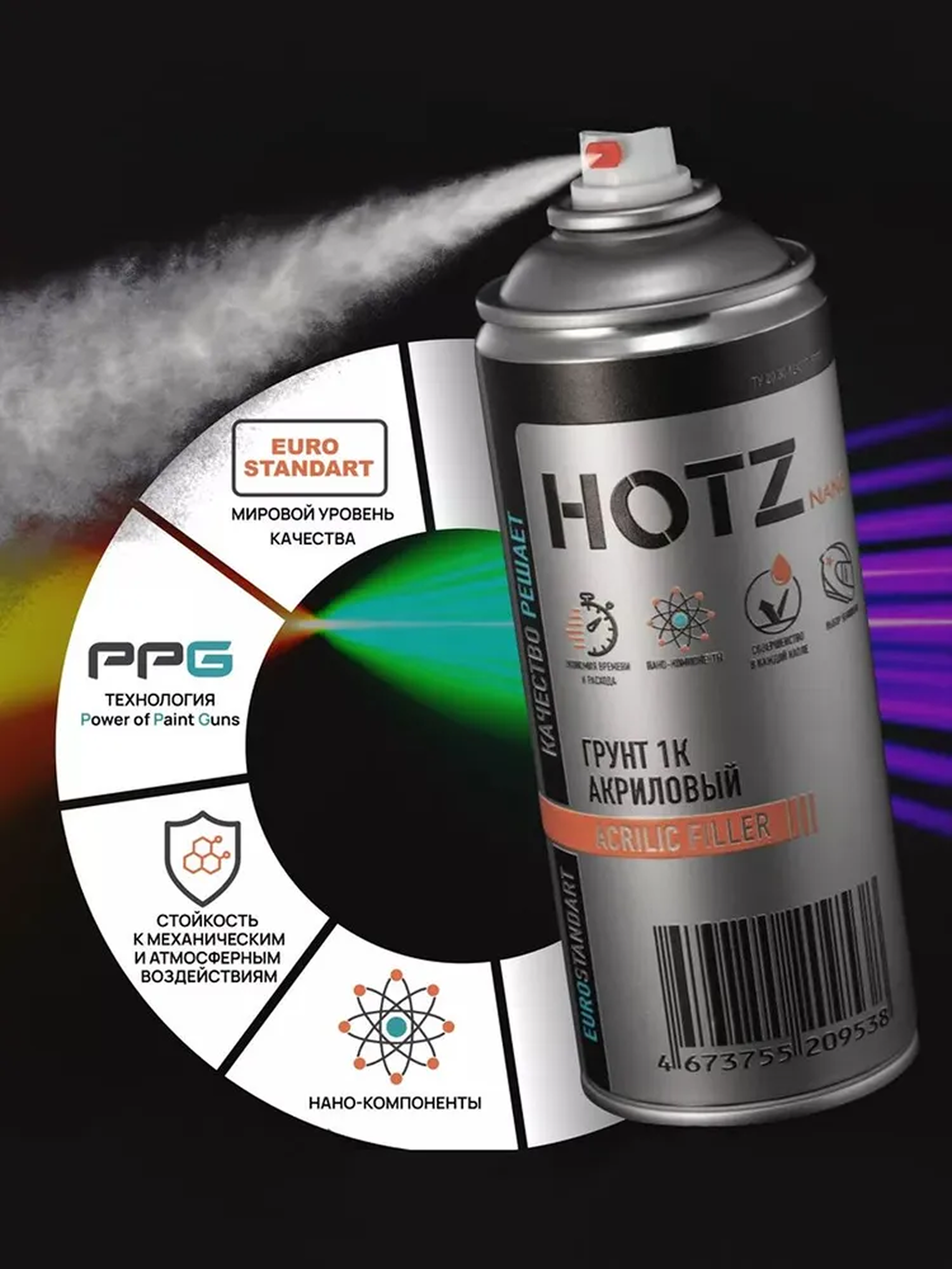 Изображение товара Грунтовка для автомобиля Hotz 1К светло-серый быстросохнущий акриловый 520мл