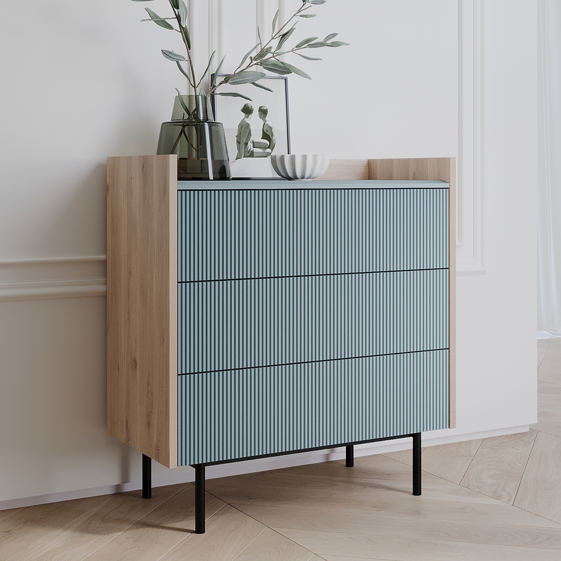 Изображение товара Комод EGREGOR Наоми Дуб Белый exclusive; Сумеречный голубой — 3 ящика