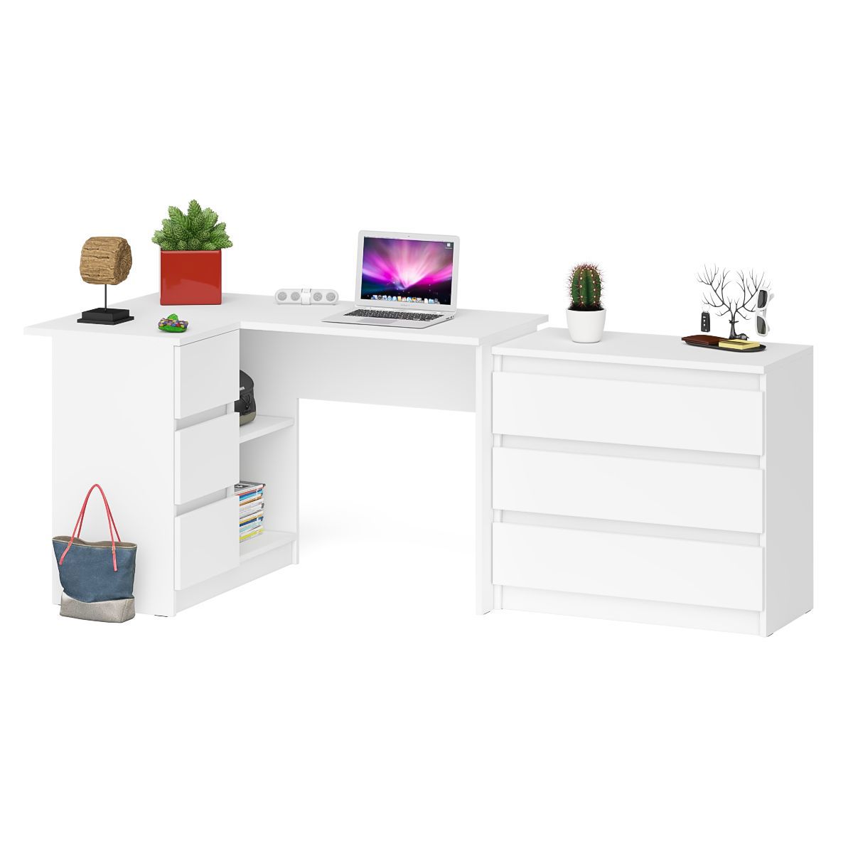 Изображение товара Офисный стол с полкой Мори 205x77x85 см комплект с комодом, белый ЛДСП