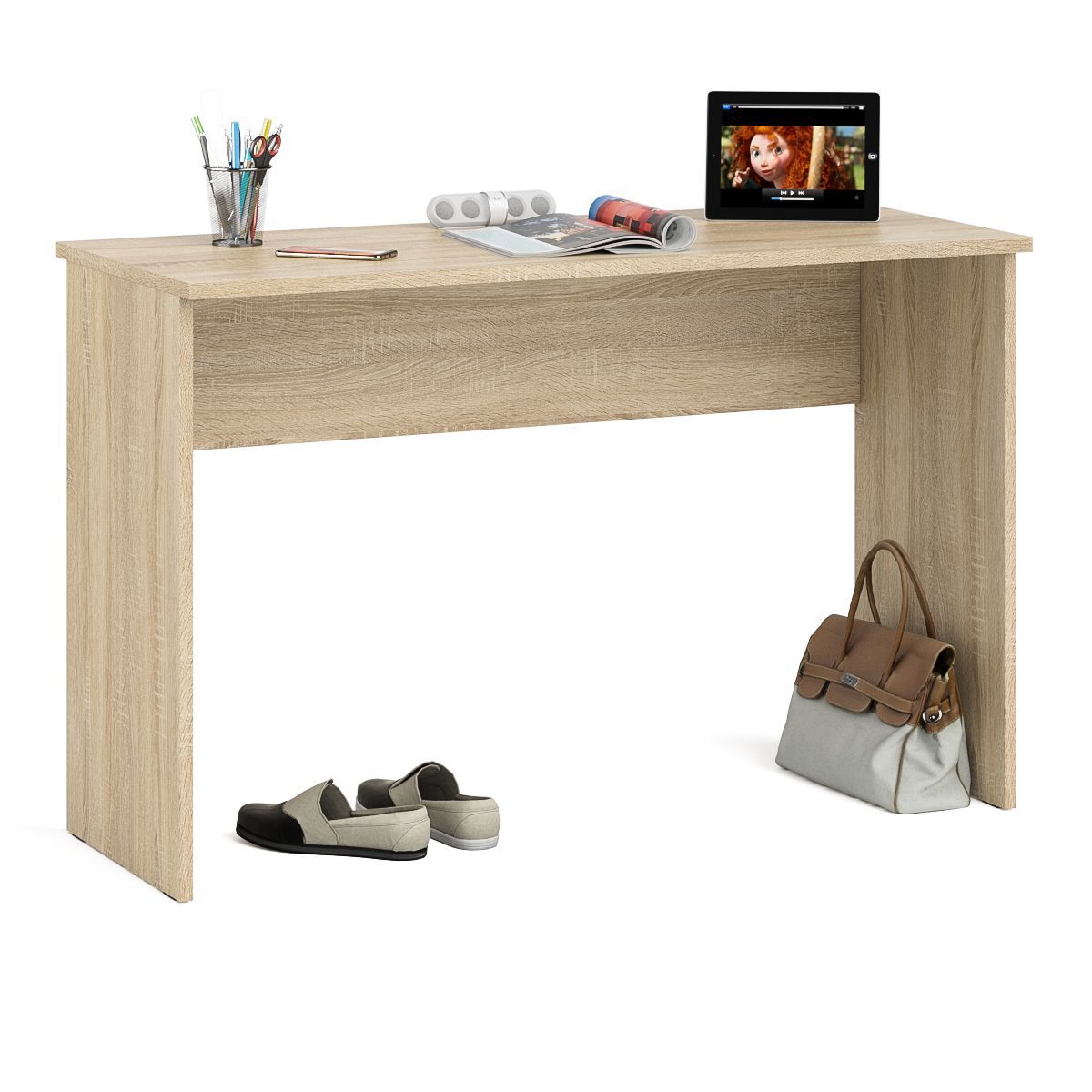 Изображение товара Офисный стол с полкой Свк Мори 120x77x50 см из ламинированной ДСП в цвет дуб сонома