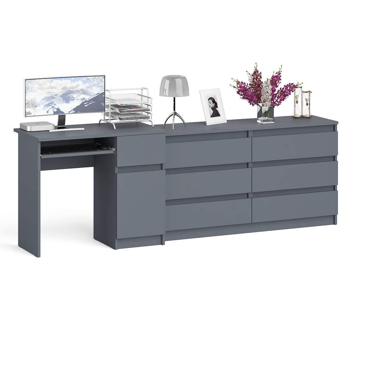 Изображение товара Офисный комплект стол с полкой и комод Мори 228x77x50 см рисунка графит