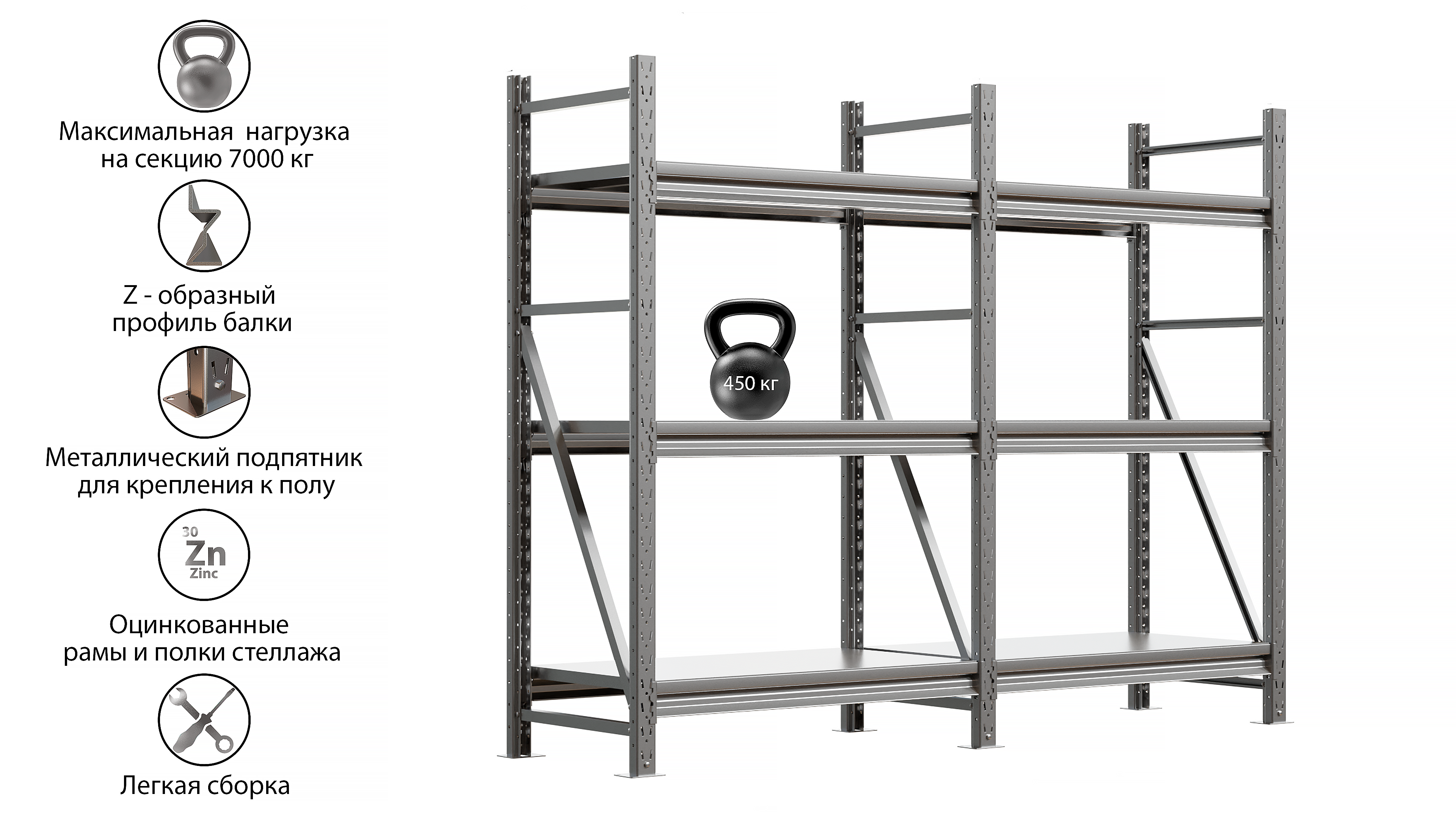 Изображение товара Стеллаж металлический Ironmebel 3 яруса 200x150x80 см серый