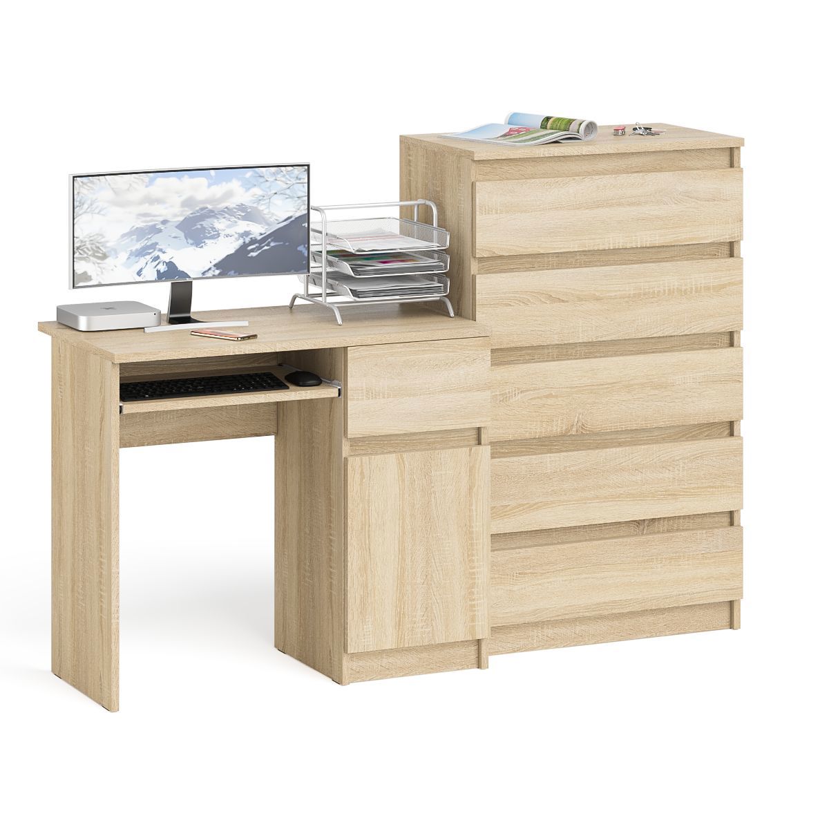 Изображение товара Офисный стол с полкой и комодами Свк Мори 160x114x50 см Дуб сонома ЛДСП