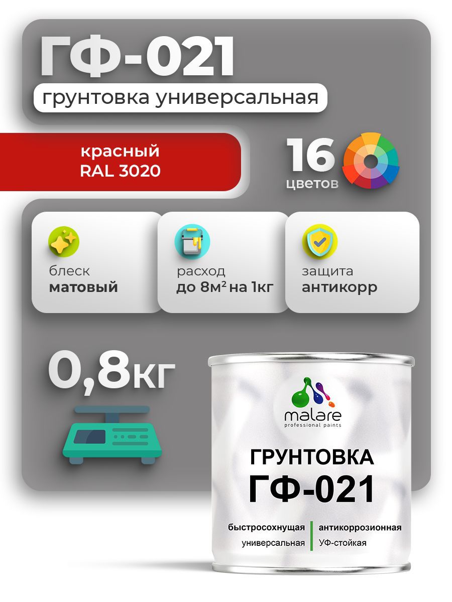 Изображение товара Грунтовка Malare Professional ГФ-021 для металла/дерева/минеральных поверхностей RAL 3020 красный матовая 0.8кг