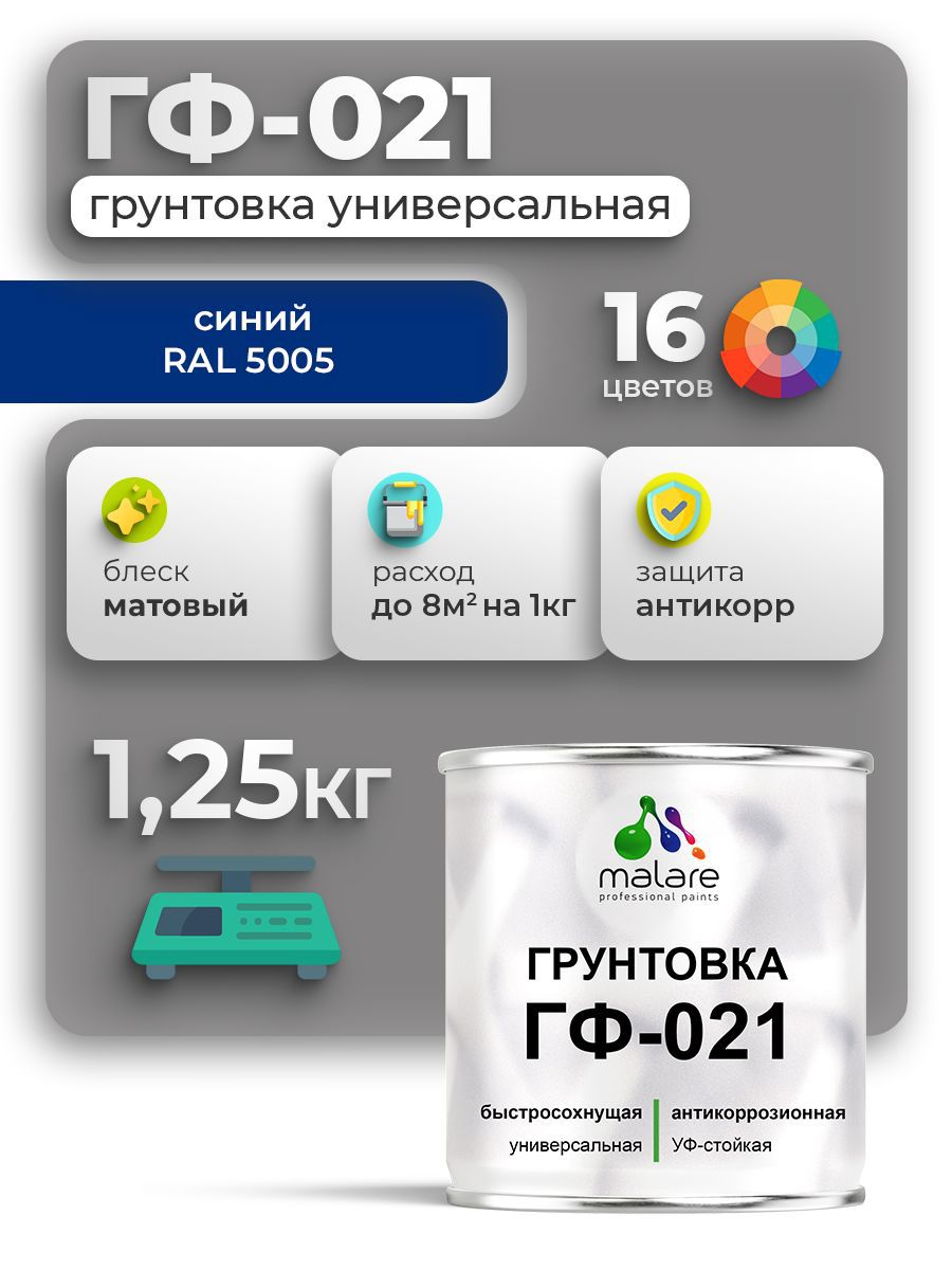 Изображение товара Грунтовка Malare Professional ГФ-021 для металла/дерева/минеральных поверхностей RAL 5005 синий матовая 1.25кг