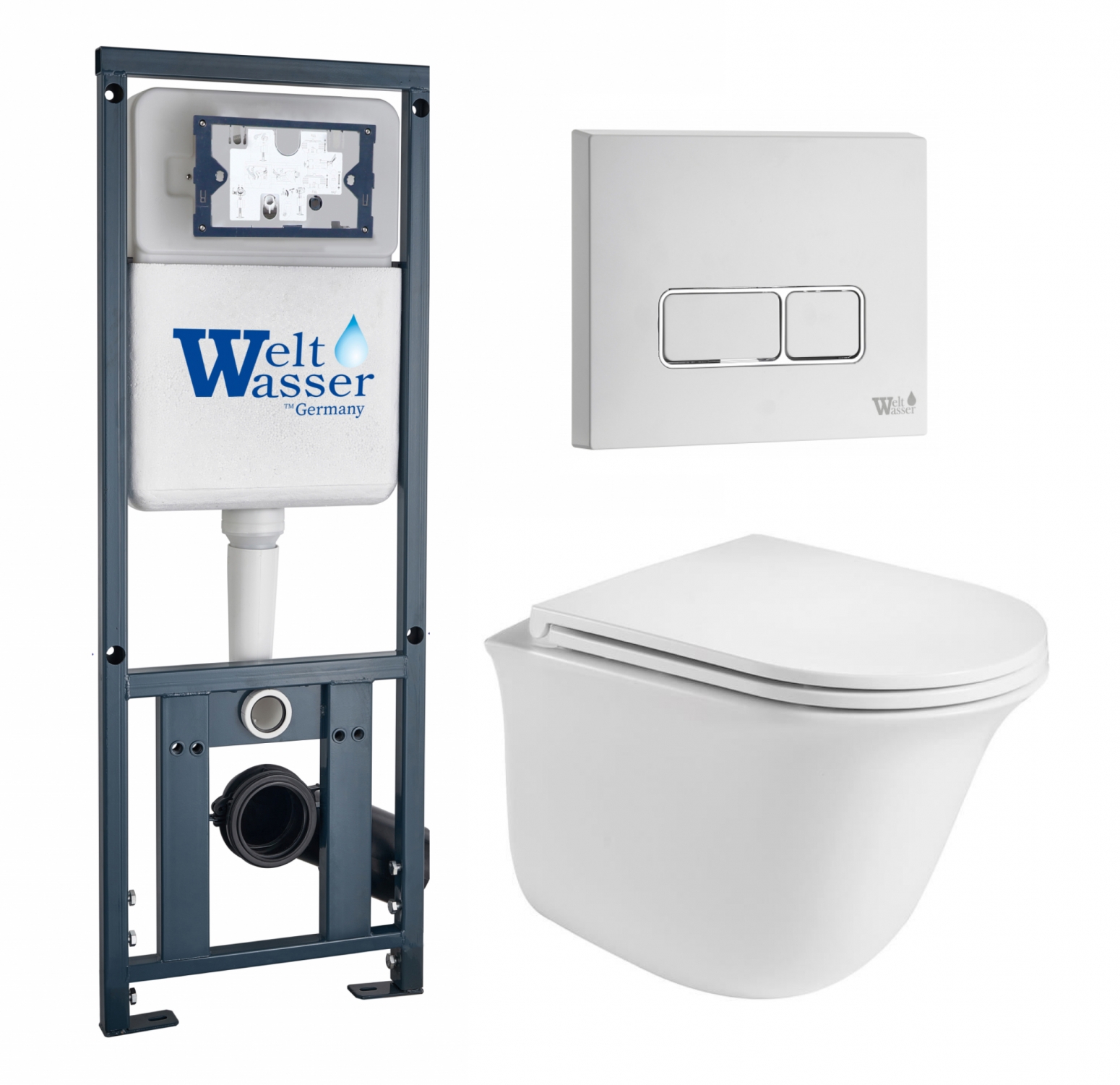 Изображение товара Комплект инсталляция и унитаз 3 в 1: инсталляция WeltWasser Marberg с унитазом Telbach 004 GL-WT и кнопка белая глянцевая SE