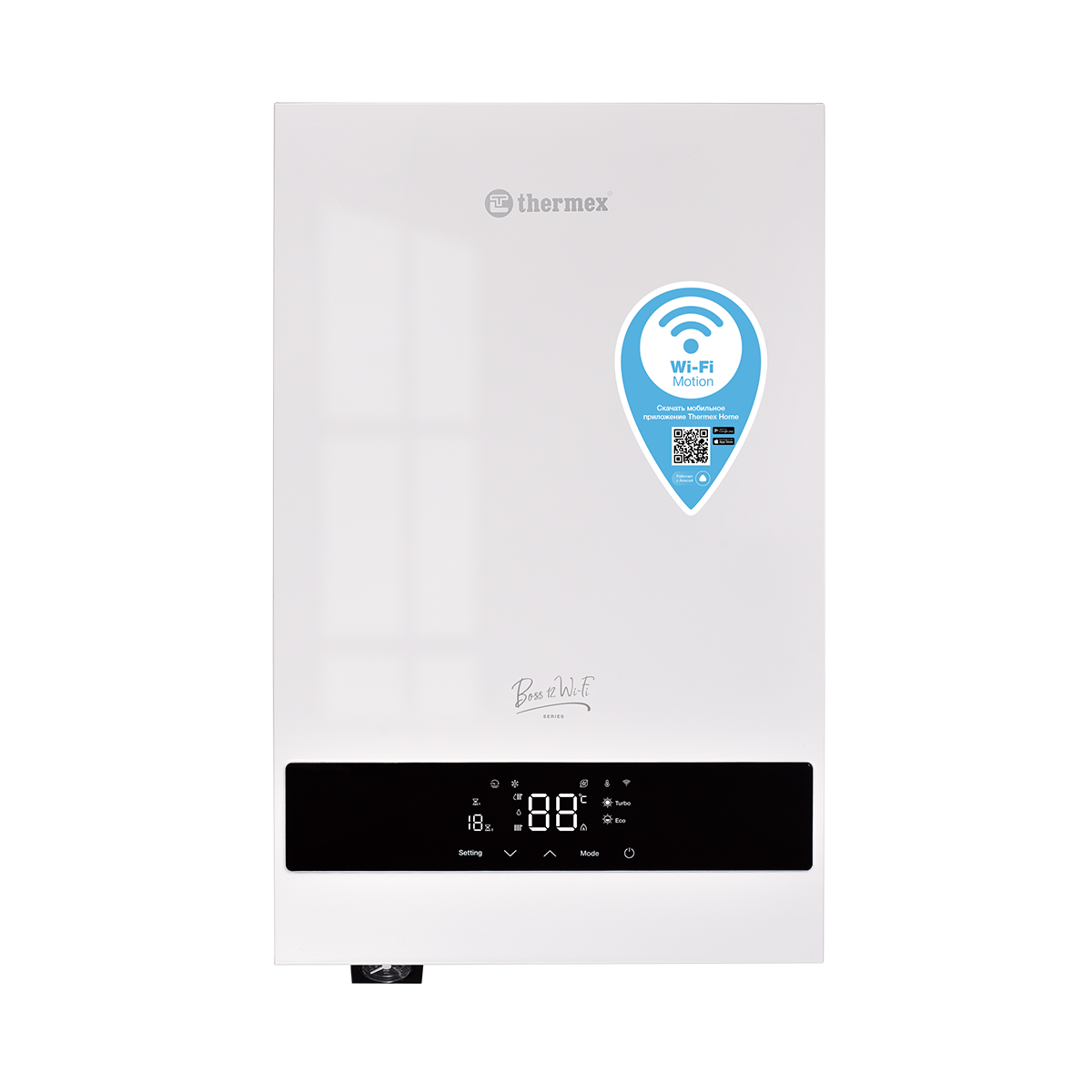 Изображение товара Электрический котел 12 кВт Thermex Boss 12 wi-fi white 511704 220, 380 В 1 настенный Wi-Fi Изображение товара Электрический котел 12 кВт Thermex Boss 12 wi-fi white 511704 220, 380 В 1 настенный Wi-Fi