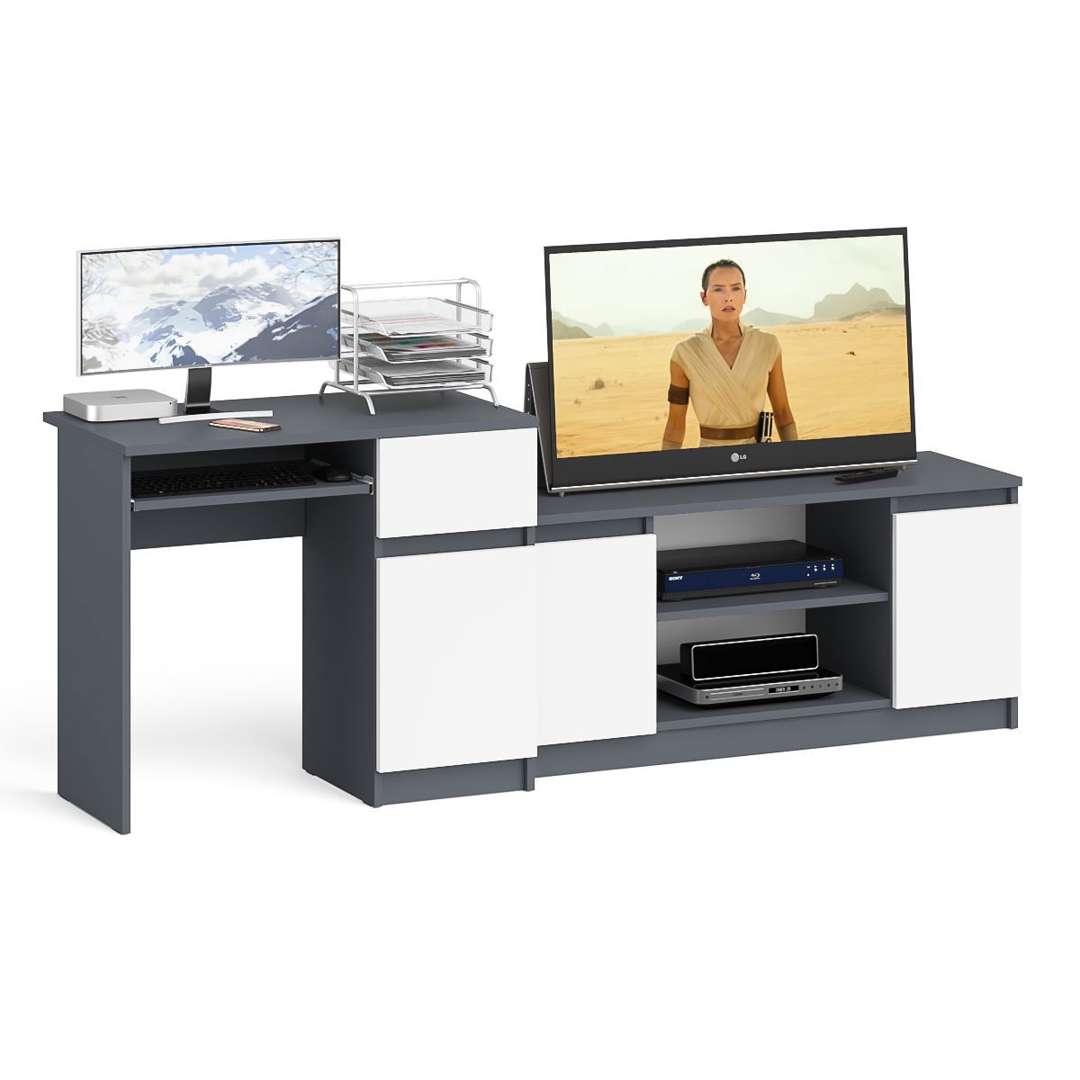 Изображение товара Компьютерный стол с полкой Свк Мори МС-1 правый с тумбой МТВ 210x77x50 см ЛДСП цвет белый/графит