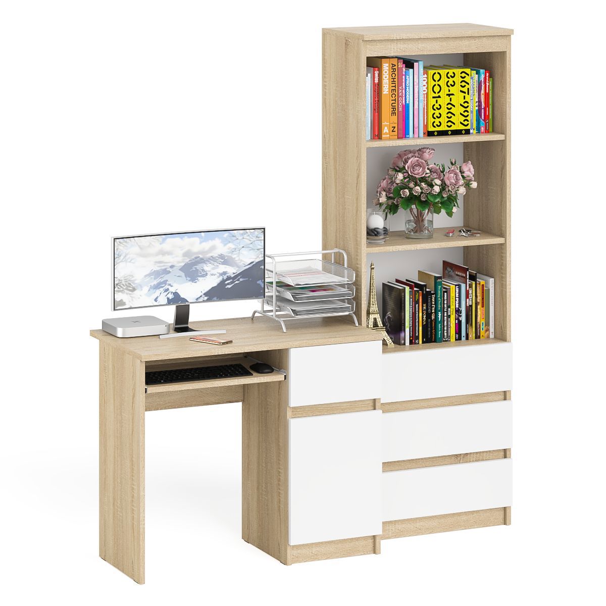 Изображение товара Компьютерный стол с полкой Свк Мори МС-1 правый 150x180x50 см ЛДСП цвет белый/дуб сонома