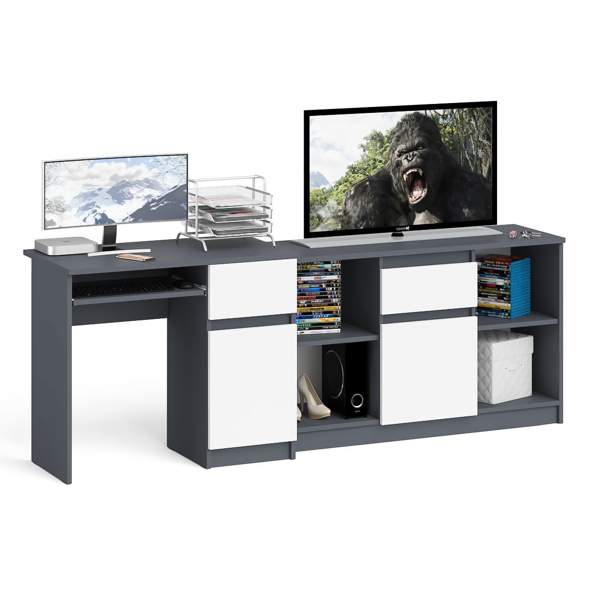 Изображение товара Компьютерный стол с полкой Свк Мори МС-1 правый 210x77x50 см ЛДСП белый графит