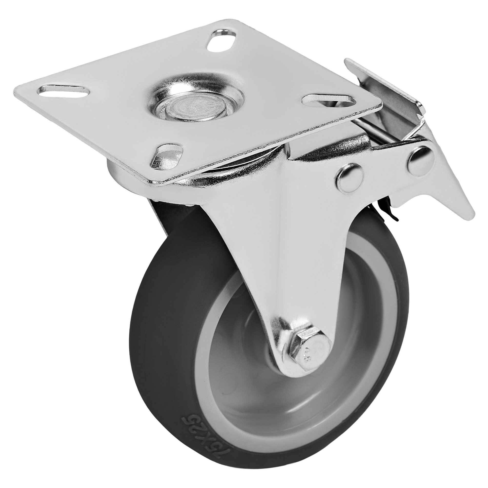 Колесная опора для тележек, с тормозом 75 мм, до 75 кг, цвет серый