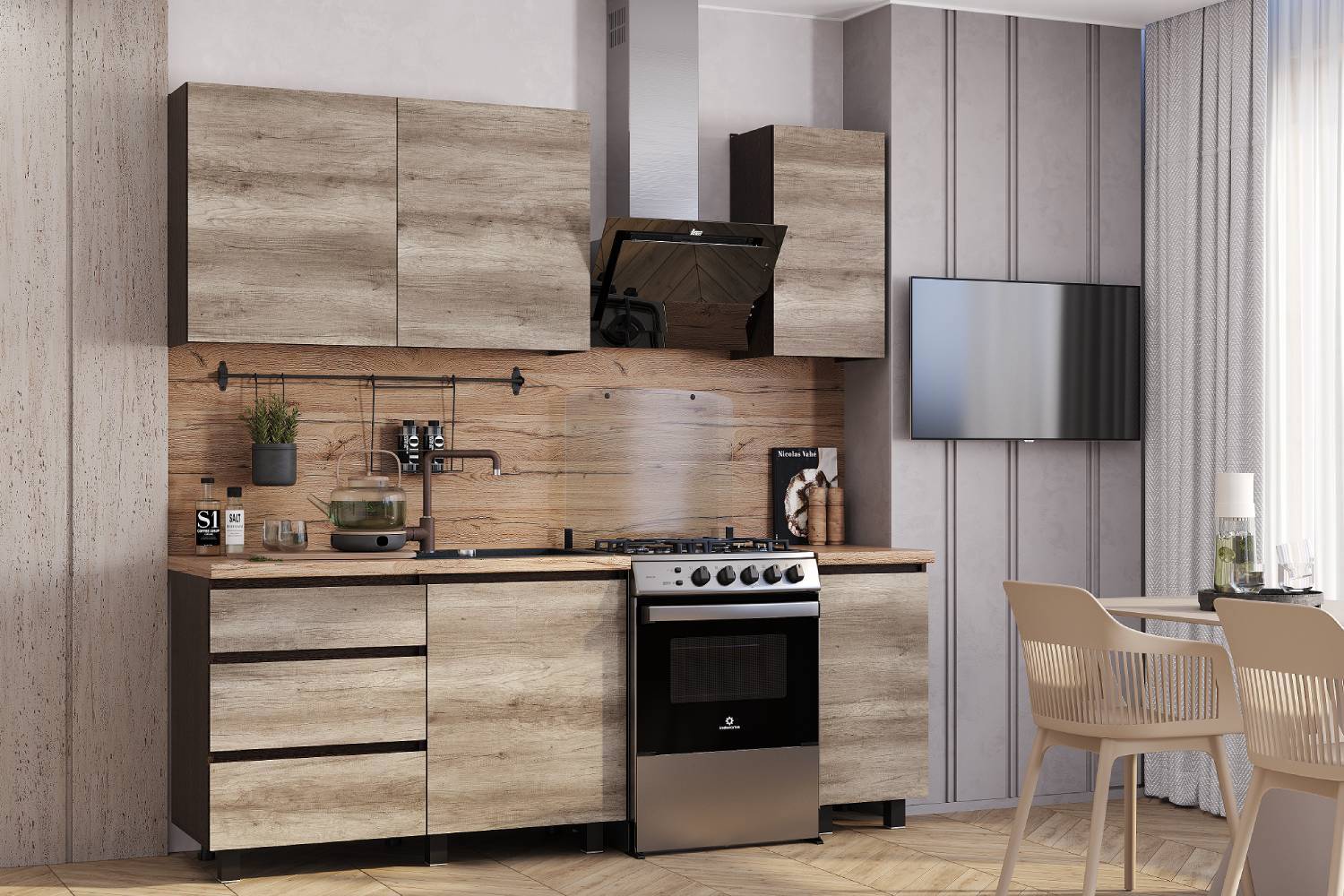 Изображение товара Кухонный гарнитур SV-МЕБЕЛЬ Энигма Светлый дуб и венге, 160 см, 6 дверей