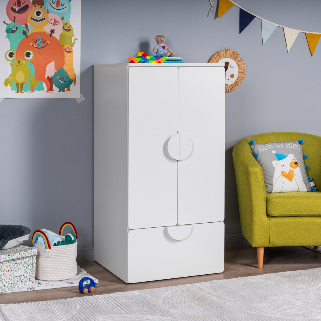 Изображение товара Шкаф распашной Гуд Лакк Пикси с 2 дверями и ящиком, белый, 61x123x57 см