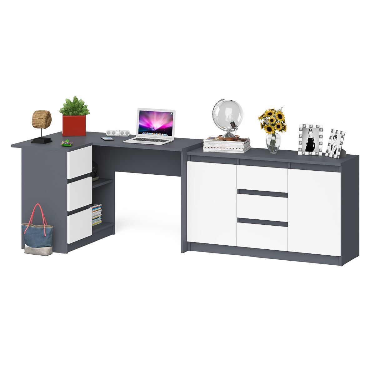Изображение товара Стол компьютерный с комодом СВК Мори 245x77x85 см ЛДСП цвет белый/графит