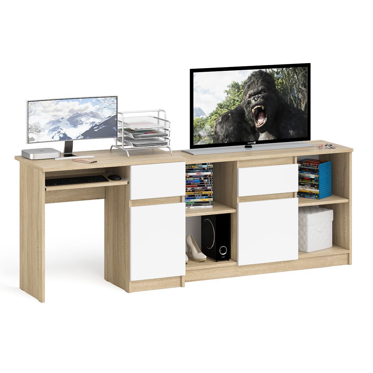 Изображение товара Стол компьютерный СВК Мори МС-1 правый с тумбой 1204 210x77x50 см ЛДСП цвет белый/дуб сонома