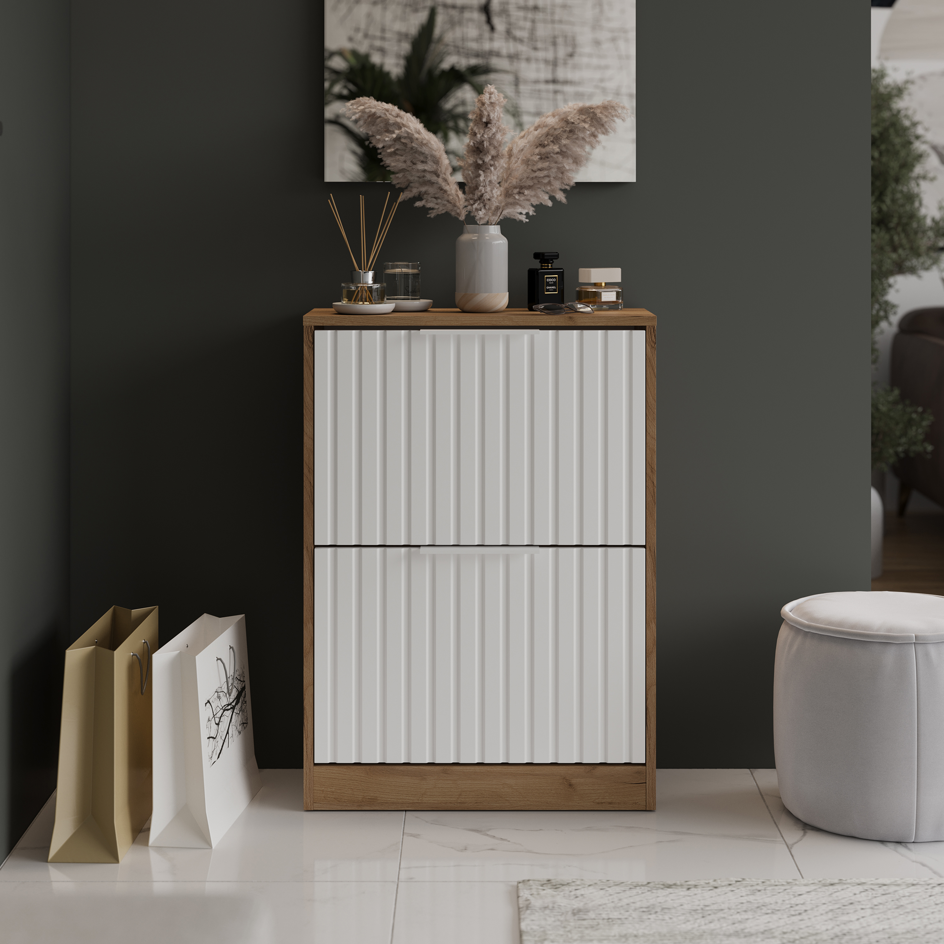 Изображение товара Шкаф для обуви Трия 58x82x25 см с 2 полками в цвете дуб крафт золотой и белый матовый