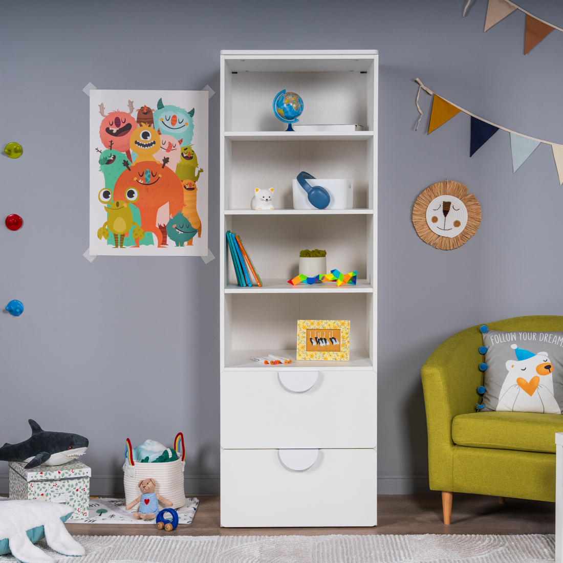 Изображение товара Стеллаж ПИКСИ с 4 полками и ящиками для детской комнаты белый 61x183x57 см