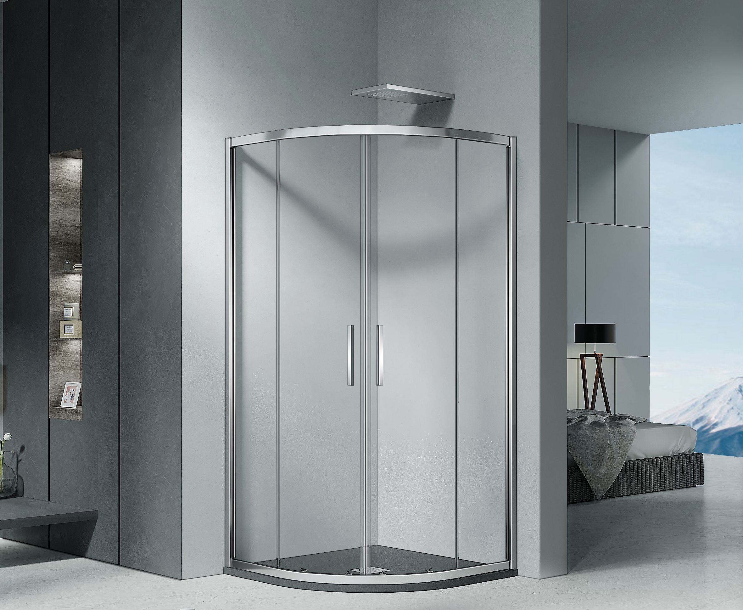 Изображение товара Душевая ширма Makiato 1/4 круга 90x90x190см цвет профиля хром раздвижная стекло 5мм прозрачное