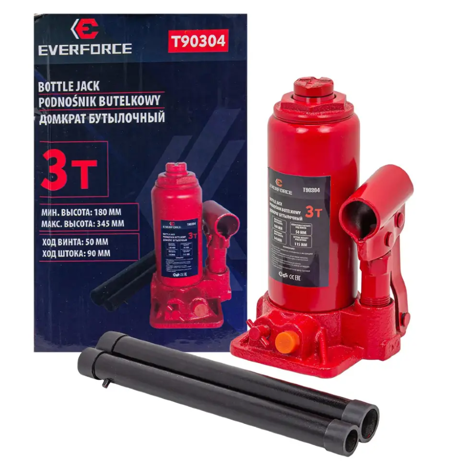 Изображение товара Домкрат бутылочный механический Everforce EF-T90304 до 3 т, 180-345 мм Изображение товара Домкрат бутылочный механический Everforce EF-T90304 до 3 т, 180-345 мм