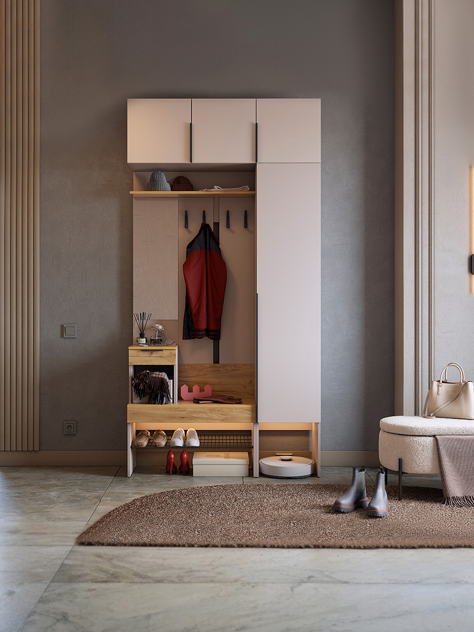 Изображение товара Комплект мебели для прихожей Сима-ленд Баско к4 120x235x34 см ЛДСП цвет кашемир/дуб крафт золотой