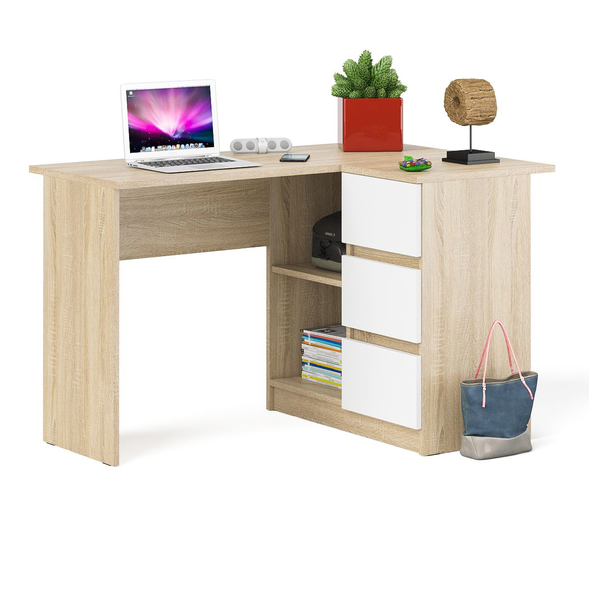 Изображение товара Угловой компьютерный стол Мори МС-16 правый из ЛДСП, белый/дуб сонома, 124x85 см