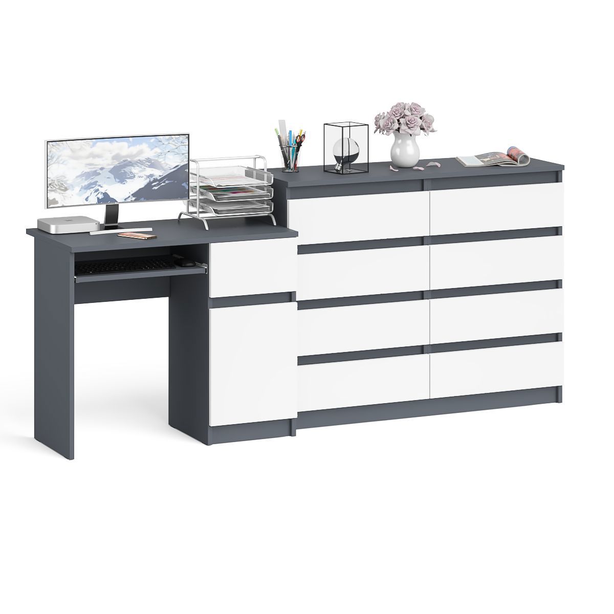 Изображение товара Стол компьютерный с комодом Мори МК1200 МС-1 правый 210x94x50 см белый и графит