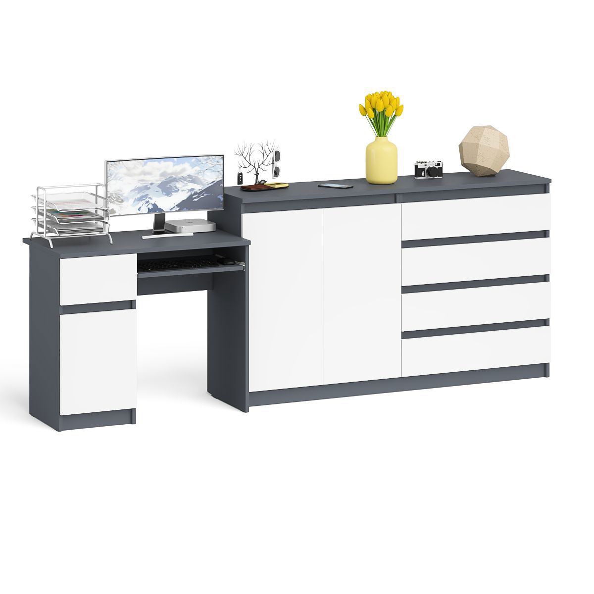 Изображение товара Стол компьютерный с комодом СВК Мори МС-1 левый 250x94x50 см ЛДСП цвет белый/графит