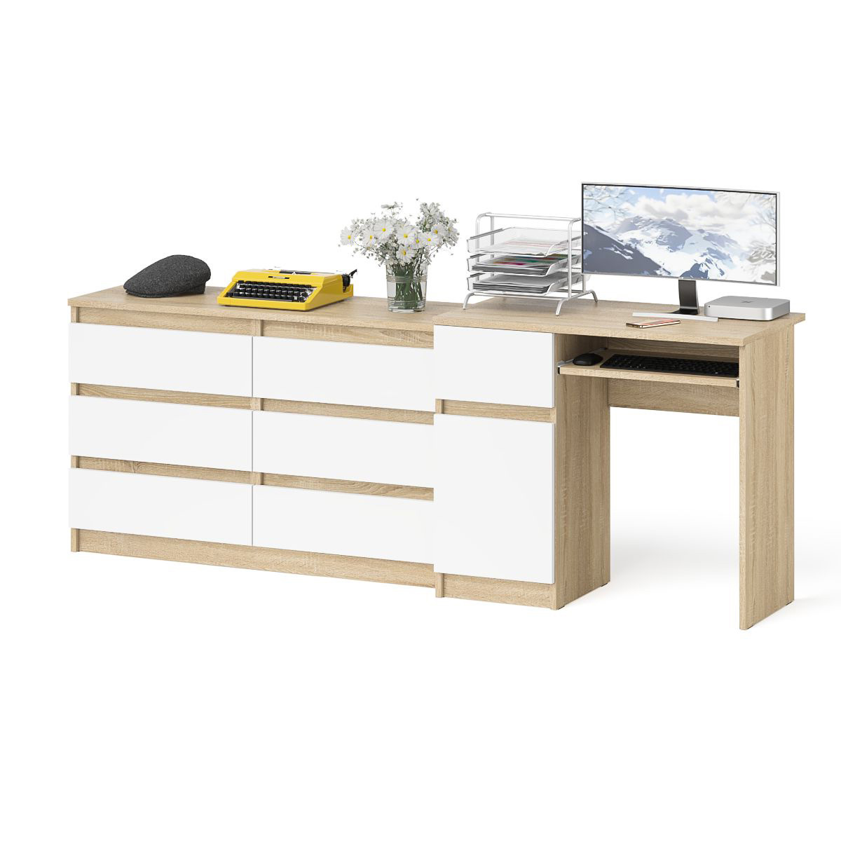 Изображение товара Стол компьютерный с комодом СВК Мори 210x77x50 см ЛДСП цвет белый/дуб сонома