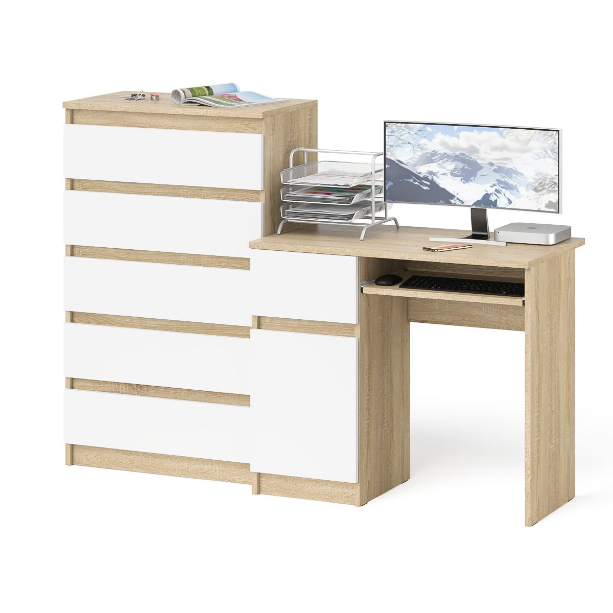Изображение товара Стол компьютерный с комодом СВК Мори МС-1 левый 160x114x50 см ЛДСП цвет белый/дуб сонома