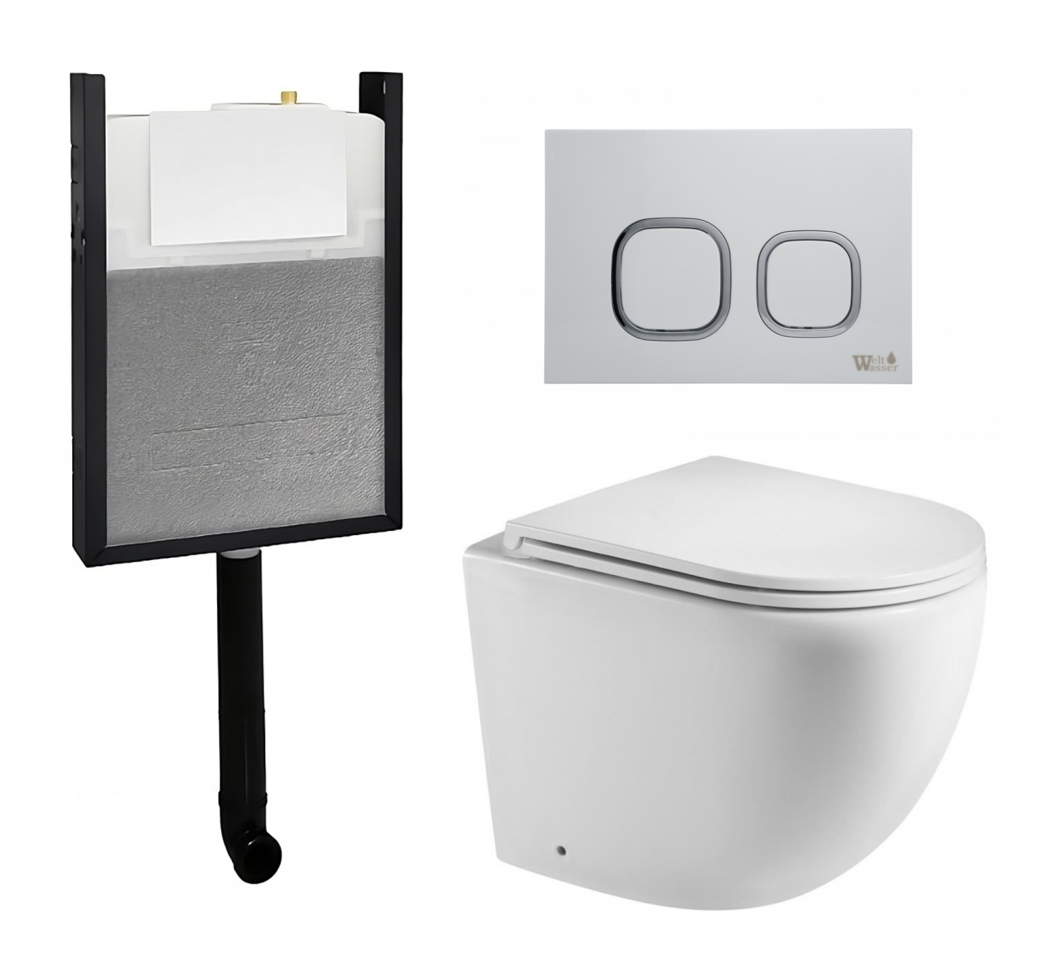 Изображение товара Комплект инсталляция и унитаз 3 в 1 бачок скрытого монтажа WeltWasser Amberg унитаз WeltWasser Merzbach 002 GL-WT и кнопка белая