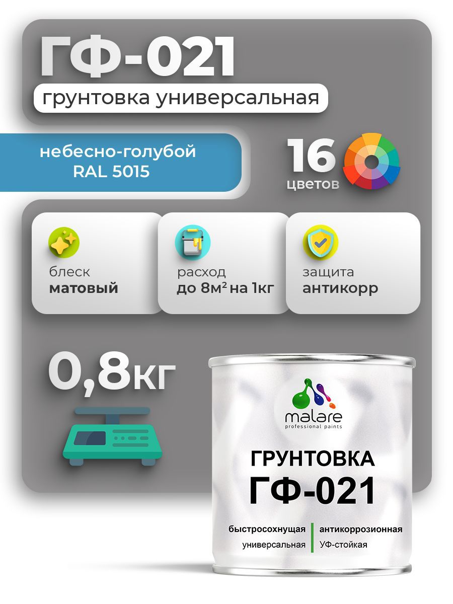Изображение товара Грунтовка Malare ГФ-021 для металла, дерева и бетона, голубая, 0.8кг