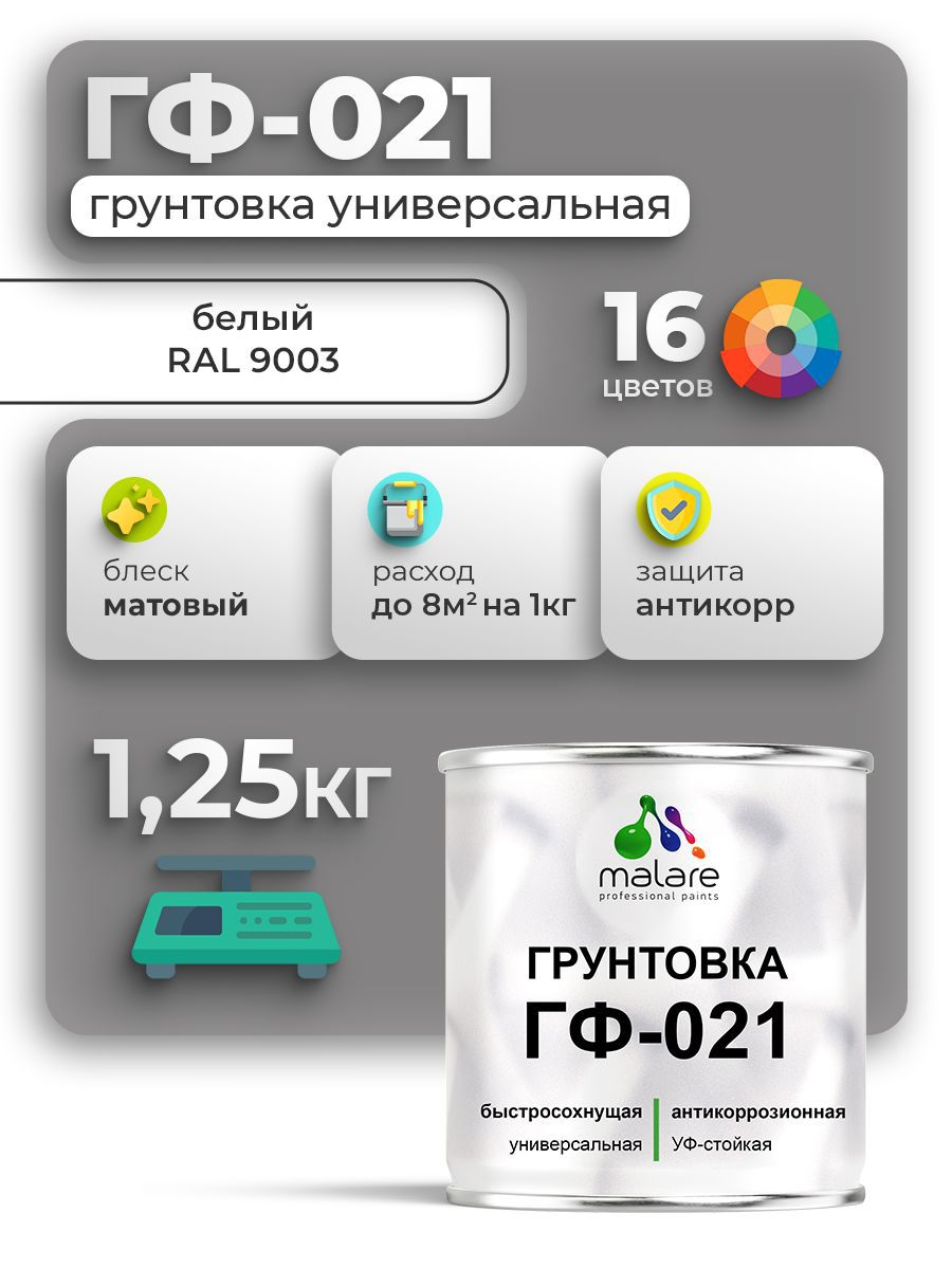 Изображение товара Грунтовка MALARE ГФ-021 универсальная белая 1.25 кг для металла, дерева и бетона