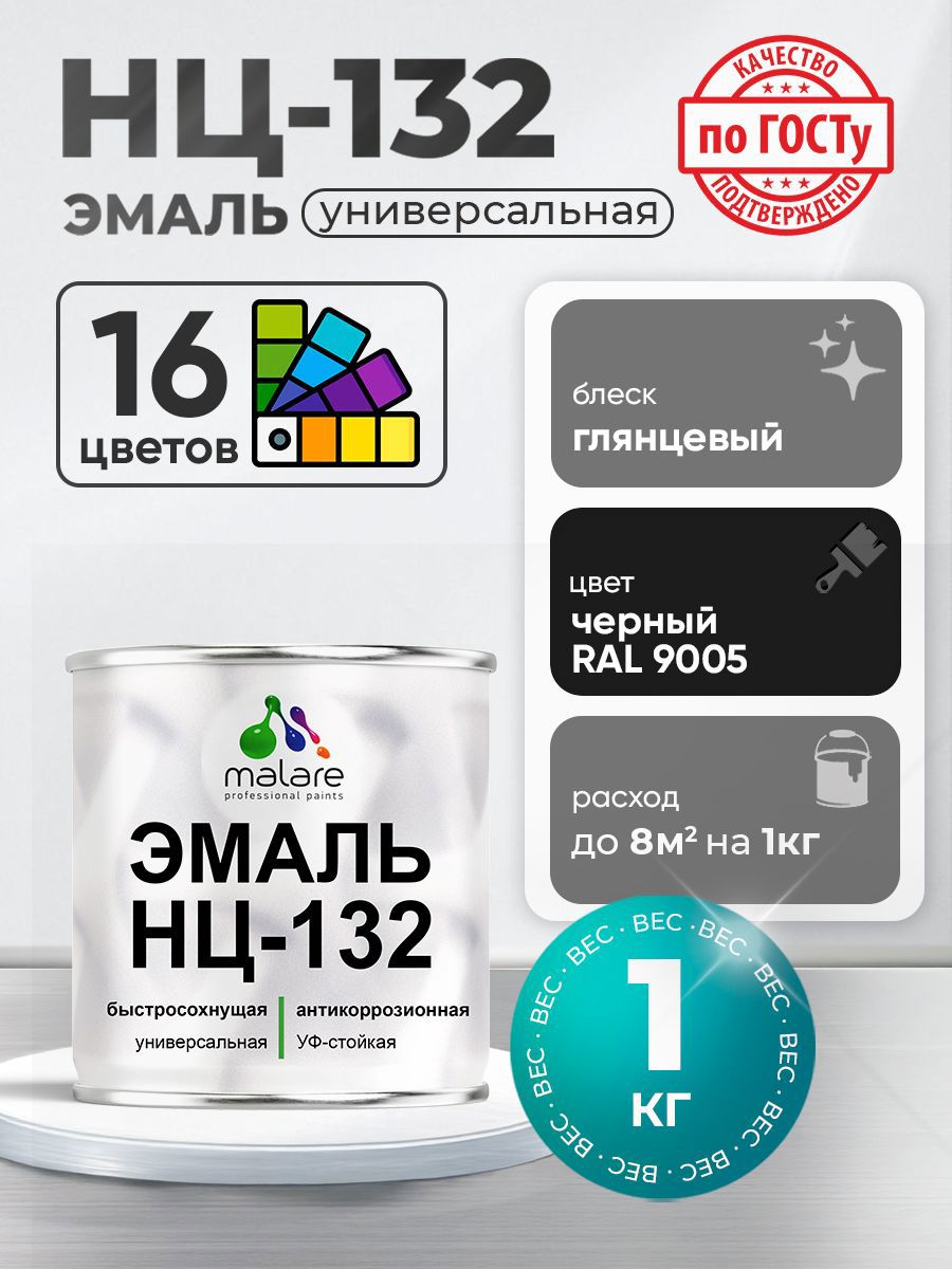 Изображение товара Эмаль универсальная Malare Professional НЦ_136 быстросохнущая цвет RAL 9005 черный глянцевая 1 кг