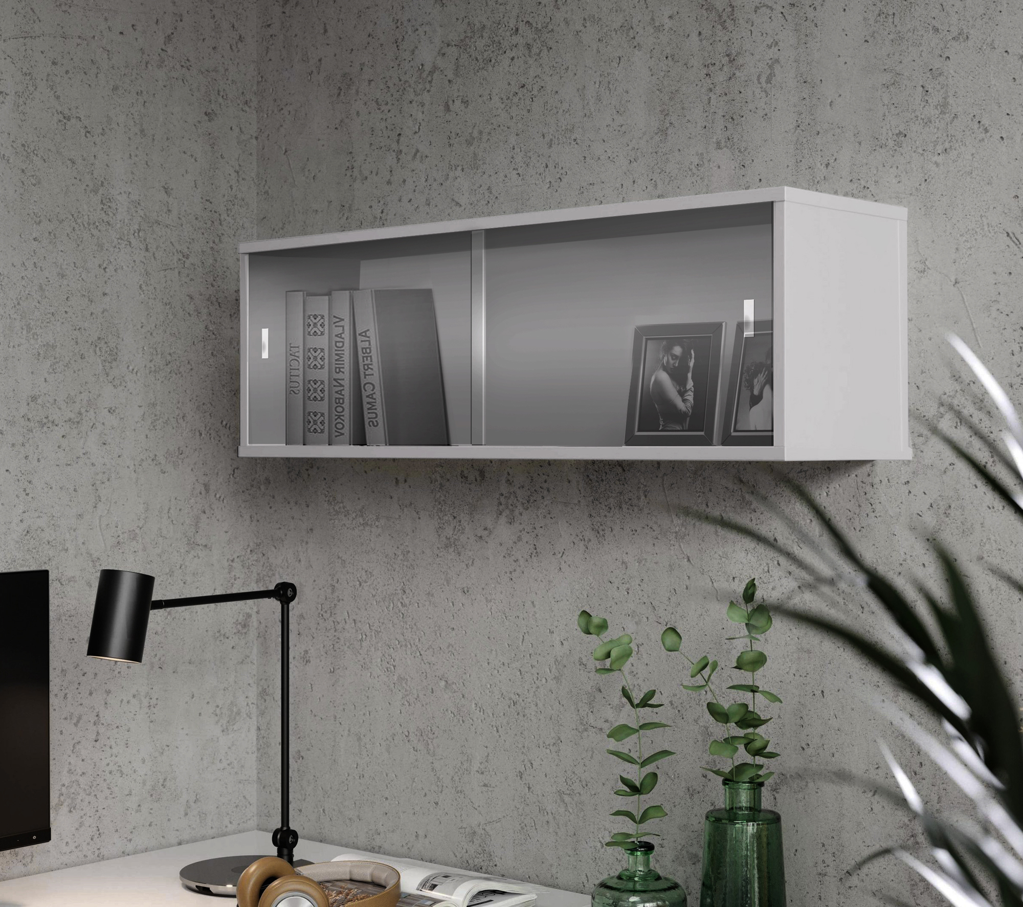 Изображение товара Настенная полка Мебельный двор 83x25 см с застекленными дверцами серый цвет