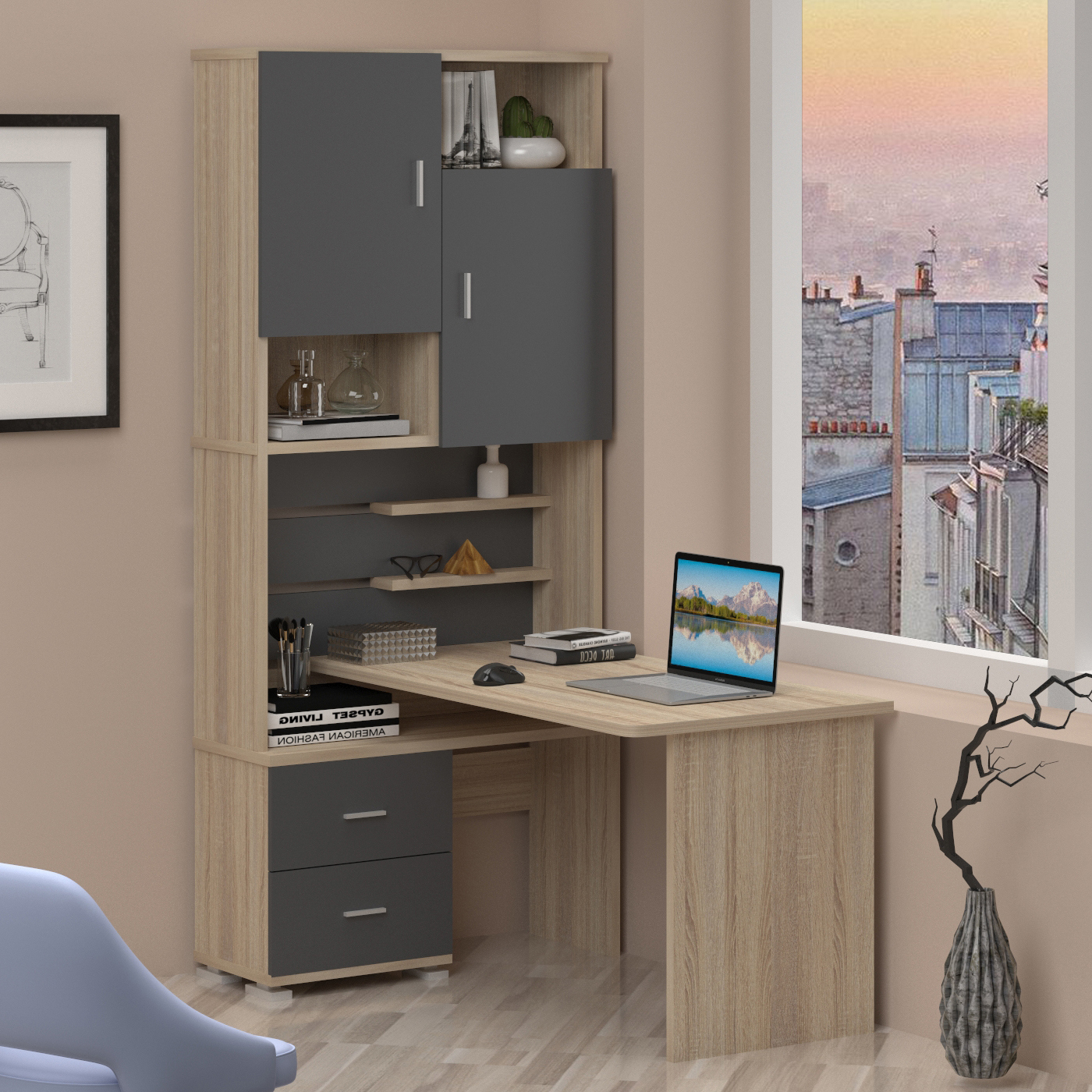 Изображение товара Стол компьютерный Мэрдэс СР левый 960x216x140 см ЛДСП цвет графит/дуб сонома