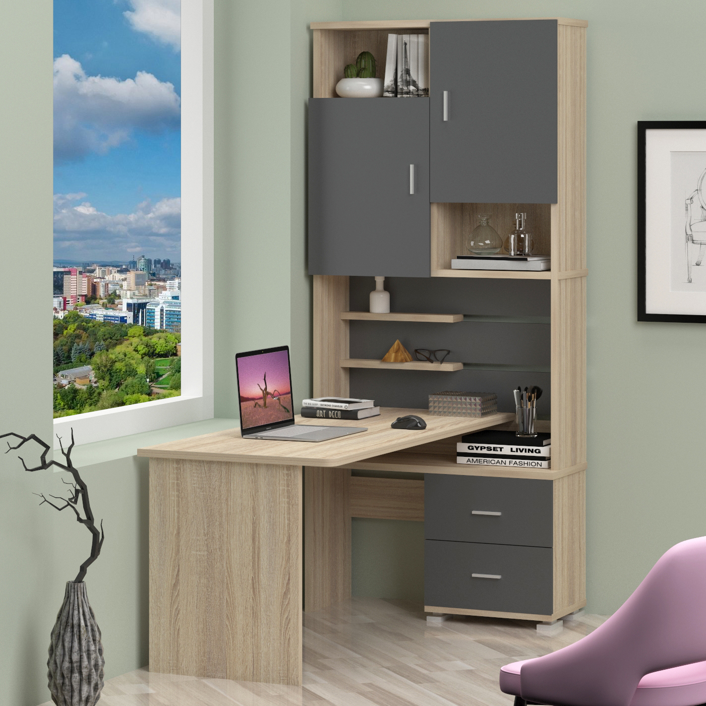 Изображение товара Стол компьютерный Мэрдэс СР правый 960x216x160 см ЛДСП цвет графит/дуб сонома