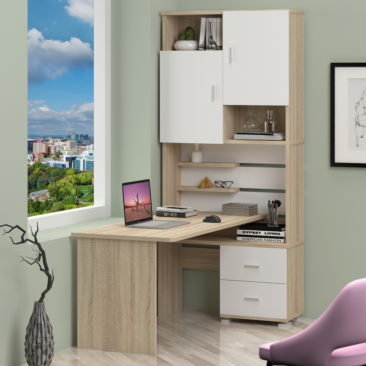 Изображение товара Компьютерный угловой стол Мэрдэс СР 960x216x160 см белый дуб сонома