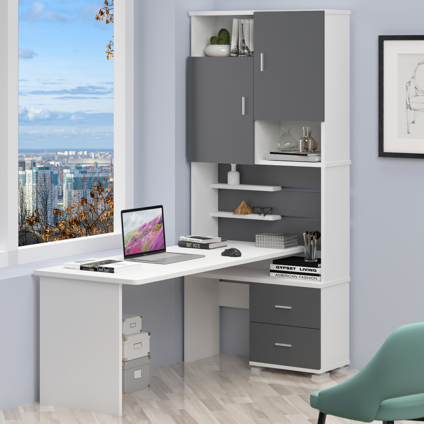 Изображение товара Компьютерный угловой стол Мэрдэс серии СР правый 960x216x180 см ЛДСП Белый Графит