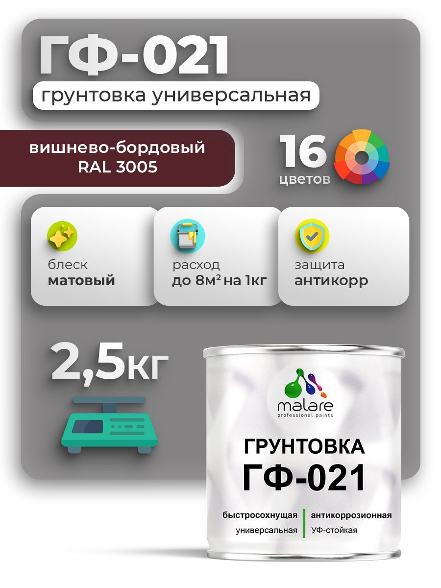 Изображение товара Грунтовка MALARE ГФ-021 для металла и дерева, бордовая, 2.5 кг