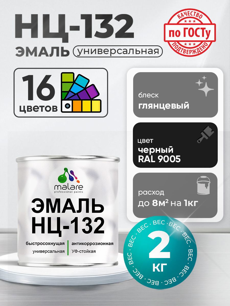 Изображение товара Эмаль универсальная Malare Professional НЦ_139 быстросохнущая цвет RAL 9005 черный глянцевая 2 кг