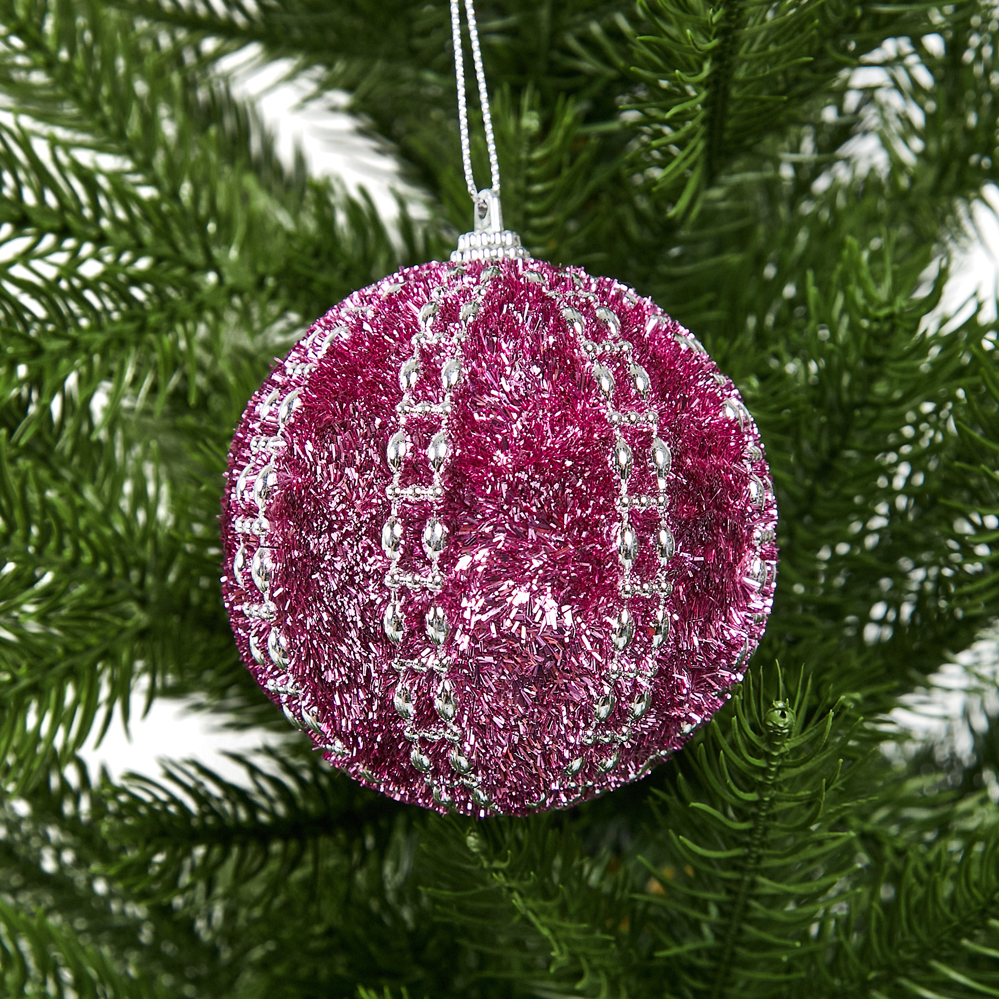 Изображение товара Ёлочный шар KREAFORTA ø8 см фуксия с блестками праздничная елочная игрушка